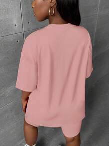 Slaydiva 两件套休闲粉色简约风格服装，适合夏季大码女性 - 藕粉色 - 查看 2