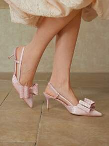 MOTF PREMIUM RHINESTONE BOW ACCENT SWEET STYLE FASHION VERSATILE POINTED TOE SLINGBACK STILETTO HEEL WOMEN SANDALS - Pink - View 2