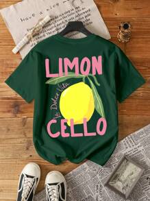Camiseta casual de manga corta con cuello redondo y estampado de letras y limones para mujer de talla grande