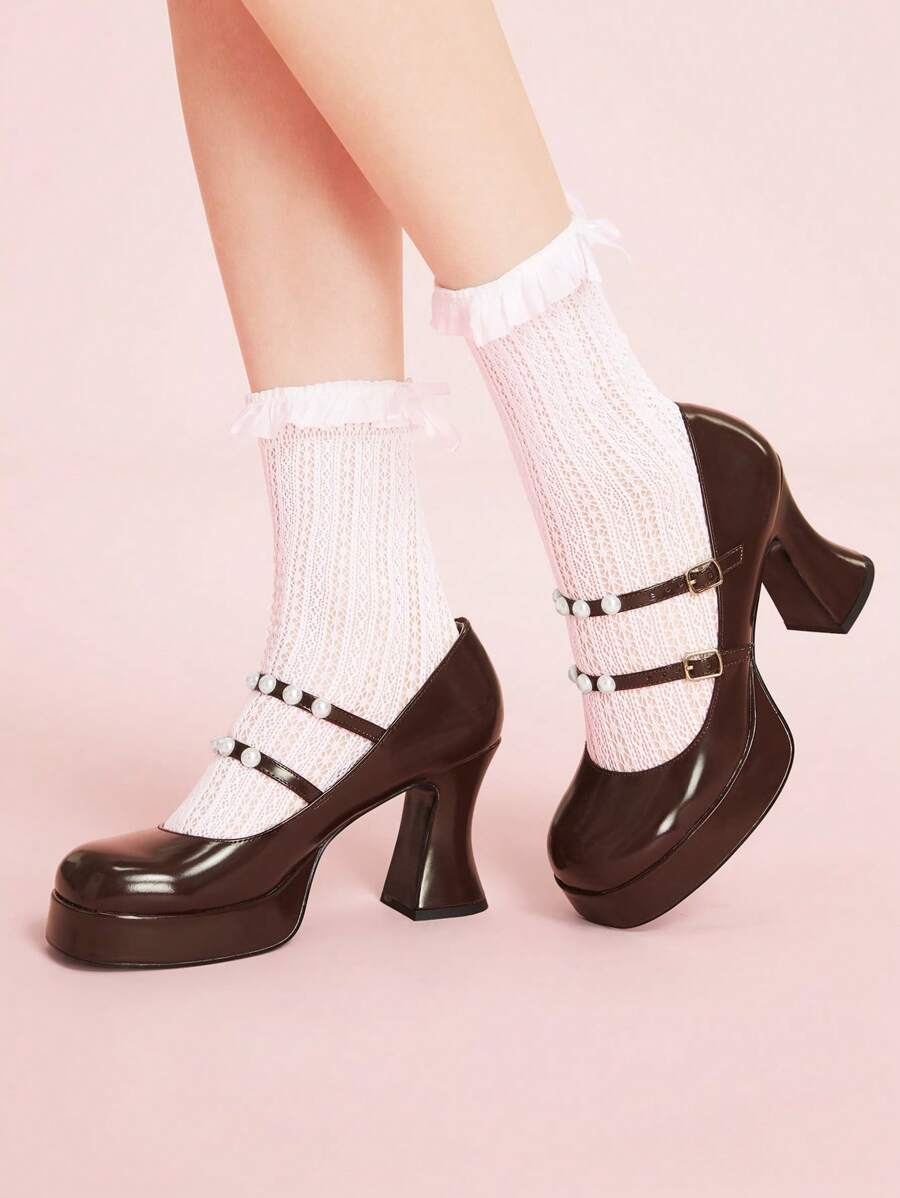 CUCCOO DOLLMOD Women's Black High Heel Platform Mary Jane Shoes, Lolita Style, Cute Increase Height Footwear