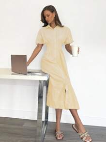 Siren Gaze 女士度假休闲条纹纽扣前襟衬衫裙 - 黃色 - 查看 2