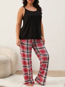 RueChic Conjunto de pijama de 2 piezas con camisa sin mangas con bolsillo y pantalón largo de estampado a cuadros para mujer tallas grandes