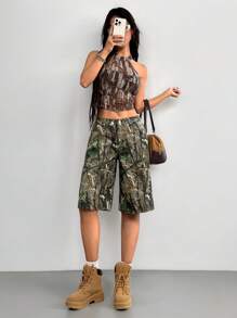 SHEIN PETITE Women's Denim Shorts Low Rise Bermuda Shorts Branch Camouflage Beach Pants Y2K Concert Women Denim Shorts - Multicolor - View 6