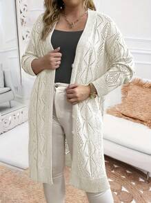 Calvaya Plus Size Women Single-Breasted Casual Loose Knit Mid-Length Cardigan - White - View 4