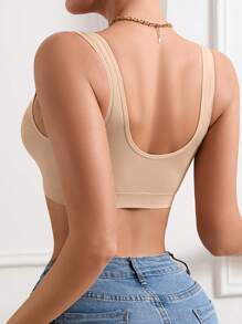 Women Solid Color Simple Seamless Front Clasp Wirelsess Wide Shoulder Strap Bra With Small Lace Trim Comfortable Daily Bra. - Apricot - View 2