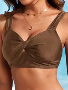 Swim Lushoire Women's Solid Color Twist Design Bikini Top, Summer Beach - Brown - View 4