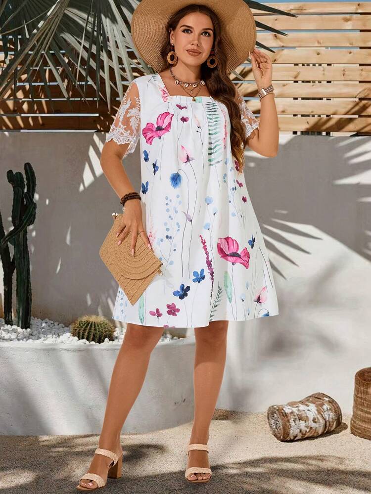 Plus Size Women Summer Vacation Square Collar Short Sleeve Lace Patchwork Floral Print Dress,Simple And Fashionable For Everyday Wear