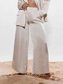 KIZN Luxurious Wide Leg Satin Palazzo Professional Business Office Formal Wear Work Suit Pants Trousers Wedding Special Occasion Elegant Evening Wear - Apricot - View 1