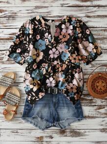 INAWLY Blusa de mujer talla grande con estampado aleatorio y mangas abullonadas de escote en V