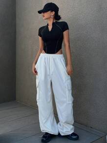 DAZY Women's Half-Zip Stand Collar Short Sleeve Fitted Cropped Athletic Look Base Layer T-Shirt - Black - View 7