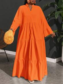 SHEIN CURVE+ 度假休闲梭织宽松 A 级女式大码衬衫连衣裙女士海滩装/沙滩裙/海滩度假装/海滩必备品/毕业/茶会礼服 - 橘色 - 查看 5