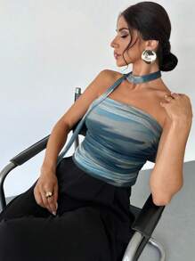 Firerie Women's Simple Elegant Fashion Sexy Romantic Tie-Dye Tie Dye Print Draped Neck Ruched Bandeau Top,Rave Top - Green - View 6