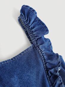 SHEIN 年轻女孩 2025 新款可爱蓝色牛仔背带短裤，儿童女孩春夏休闲度假 - 中等水洗藍 - 查看 4