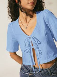 Easelle Summer Women's Bohemian Style, Cowgirl Vintage Short Sleeve Casual Blue Woven Floral And Angel Embroidery Casual Puff Sleeve Cropped Blouse - Blue - View 1