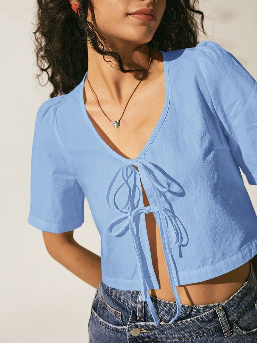 Easelle Summer Women's Bohemian Style, Cowgirl Vintage Short Sleeve Casual Blue Woven Floral And Angel Embroidery Casual Puff Sleeve Cropped Blouse - Blue - View 1