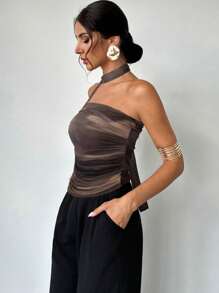 Firerie Women's Simple Elegant Fashion Sexy Romantic Tie-Dye Tie Dye Print Neck Tie Ruffle Tube Top,Rave Top - Chocolate Brown - View 3