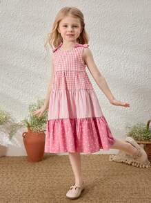 Blossori Young Girls' Elegant Loose Pink Patchwork Sleeveless Dress, Spring/Summer - Pink - View 5