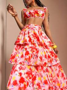 Slaydiva Neues Frühlings- und Sommerurlaubs-sexy trägerloses Oberteil + mehrlagiger Vintage-Blumenrock, zweiteiliges Damenset - B