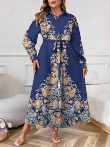 SHEIN Unity 大码花卉印花系腰带休闲宽松长袖连衣裙长款女装 - 藍色 - 查看 4