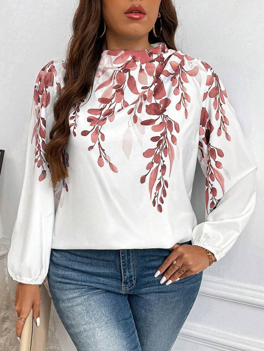 Flirla Blusa de manga farol con estampado de plantas para mujer de talla grande para vacaciones - Rojo - Ver 1