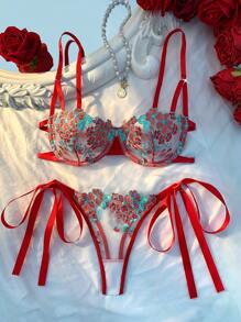 Esselle 2件套女士天蓝色刺绣性感内衣文胸和内裤套装 - 酒紅色 - 查看 4