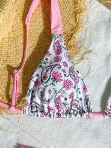 SHEIN Swim Women's Paisley Print Swimsuit Set, Lace-Up Print Top With Sexy Thong Bottoms, For Swimming Pool, Beach, Sunbathing, Resort Party For Summer Beach Vacation - Pink - View 4