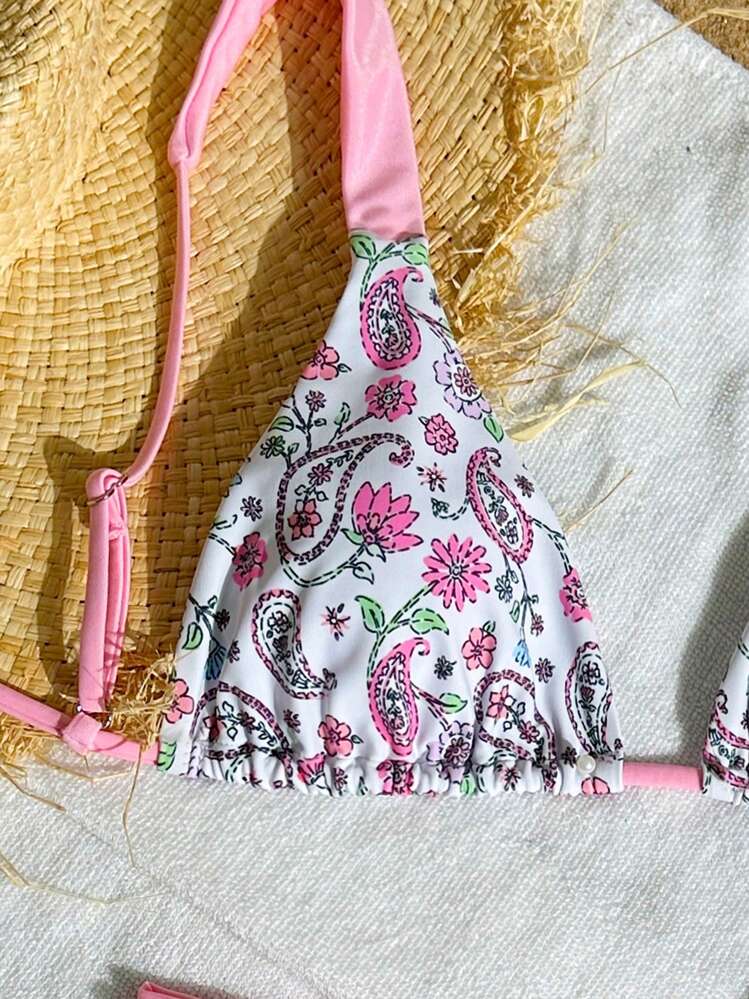SHEIN Swim 女士佩斯利印花泳衣套装，系带印花上衣搭配性感丁字裤，适合泳池、海滩、日光浴、度假派对 - 粉色 - 查看 4