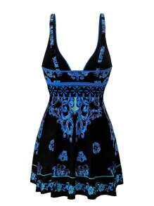 Swim Lushoire Plus Size Women Floral Print Spaghetti Strap Tankini, Blue & White Porcelain Pattern Two Pieces Swimwear Set, Elegant Ladies Holiday Beach Wear For Summer Beach Vacation - Multicolor - View 5