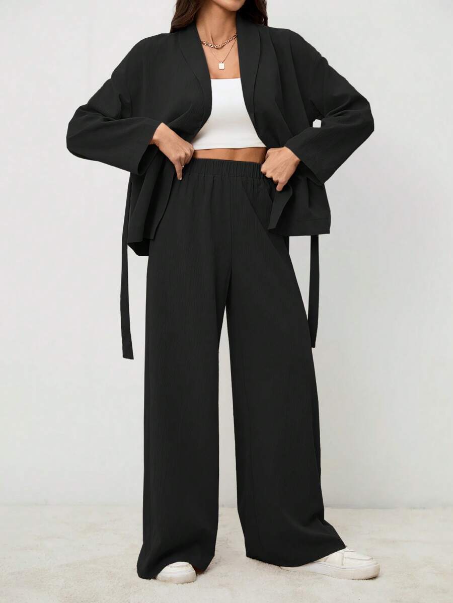 SHEIN Tall 优雅休闲度假/通勤女士领口系带宽松紧身衣搭配高腰软裤，适合秋季和夏季 - 黑色 - 查看 1