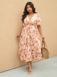 Elaquor 夏季大码花卉印花扭纹设计 V 领短袖连衣裙