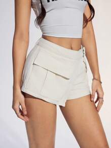 SHEIN EZwear Women's Simple Solid Color Wrap-Around Front Pocket Denim Shorts For Summer - Apricot - View 3