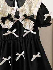 SHEIN Young Girl Elegant Color Block Peter Pan Collar Bow Decor Dress - Black - View 6