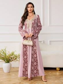 Al Najma Women's Elegant & Luxurious Turkish/Arabian Style Long Dress With Patchwork Design, Modest Kaftan - Pink - View 6