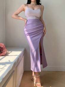 DAZY 女士优雅拼接撞色高开衩吊带连衣裙 舞会礼服 优雅吊带裙 婚纱 女士连衣裙 长款连衣裙 - 淡紫色 - 查看 2
