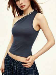 INAWLY Women's Solid Color Sleeveless Ruched Fitted Top - Grey - View 4