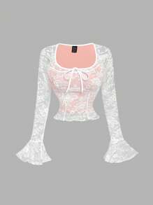 SHEIN MOD Women Square Neck Pink Lace Bow Ruffle Sleeve T-Shirt - Pink - View 1