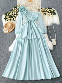 DreamSkyne Robe élégante asymétrique à épaules froncées et imprimé floral, grande taille - Bleu lagon - Voir 1