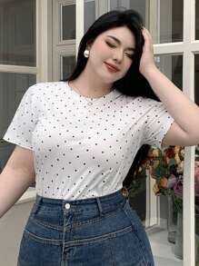 Dazy Plus Valentine Plus Size Women Casual Round Neck Polka Dot Short Sleeve Fitted White T-Shirt - White - View 4