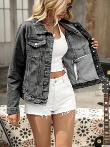 EMERY ROSE Women's Vacation Casual Washed Denim Jacket - Black - View 3