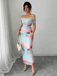 Elenzga 女式优雅露肩几何网布印花修身粉彩连衣裙，春夏 - 彩色 - 查看 4