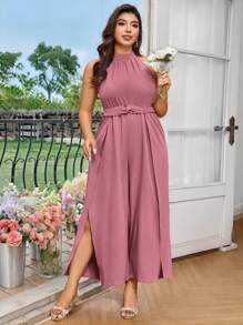 SHEIN Belle جمبسوت إليقانت للمرأة ذات الحجم الكبير، ياقة حلقية، بتجاعيد عند الذيل، شقّ في الخصر، ثنيات في الخصر - وردي - مشاهدة 6