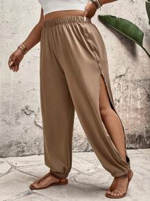 Breezaya Plus Size Women Casual Holiday Comfortable Side-Slit Pants - Coffee Brown - View 1
