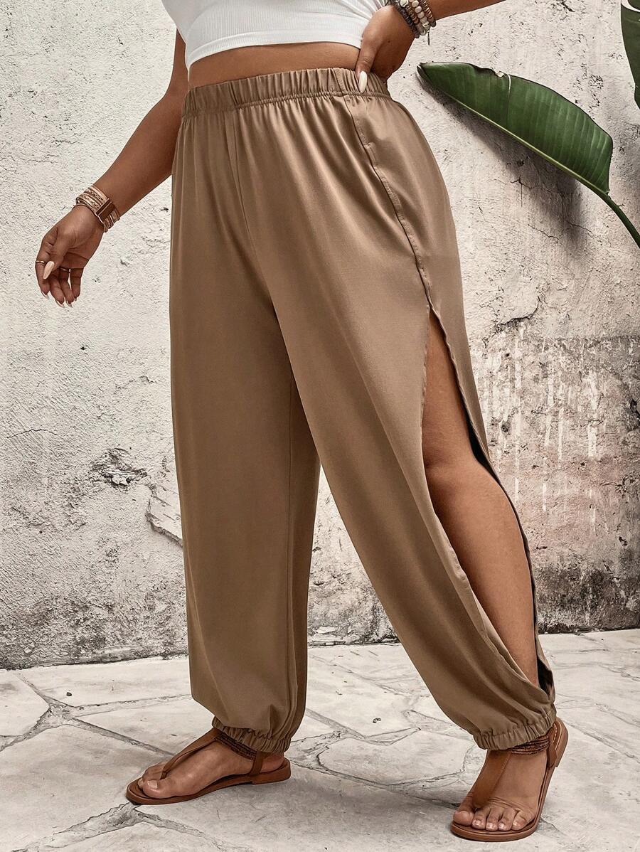 Breezaya Plus Size Women Casual Holiday Comfortable Side-Slit Pants - Coffee Brown - View 1