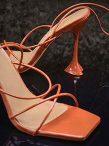 SHUZIA 女士细交叉踝带细高跟性感女性夏季派对漆皮棕色高跟凉鞋