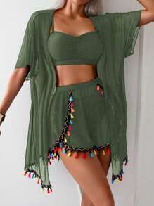 4pcs/Set Tassel Cover Up & Beach Shorts Bikini Set, For Vacation Basics For Summer - Green - View 1