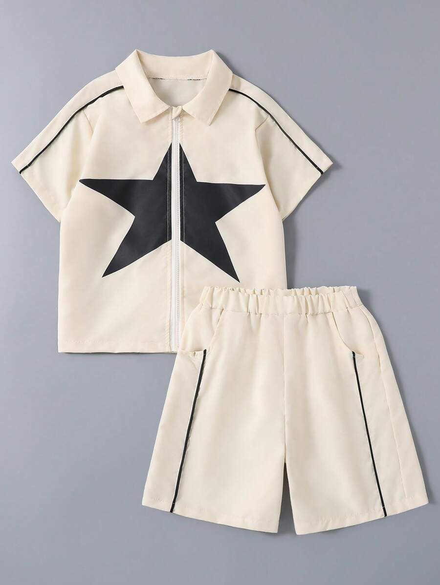 SHEIN 2pcs/Set Tween Boys Fashionable Star Print T-Shirt And Black Shorts, Casual Outfit - Khaki - View 1