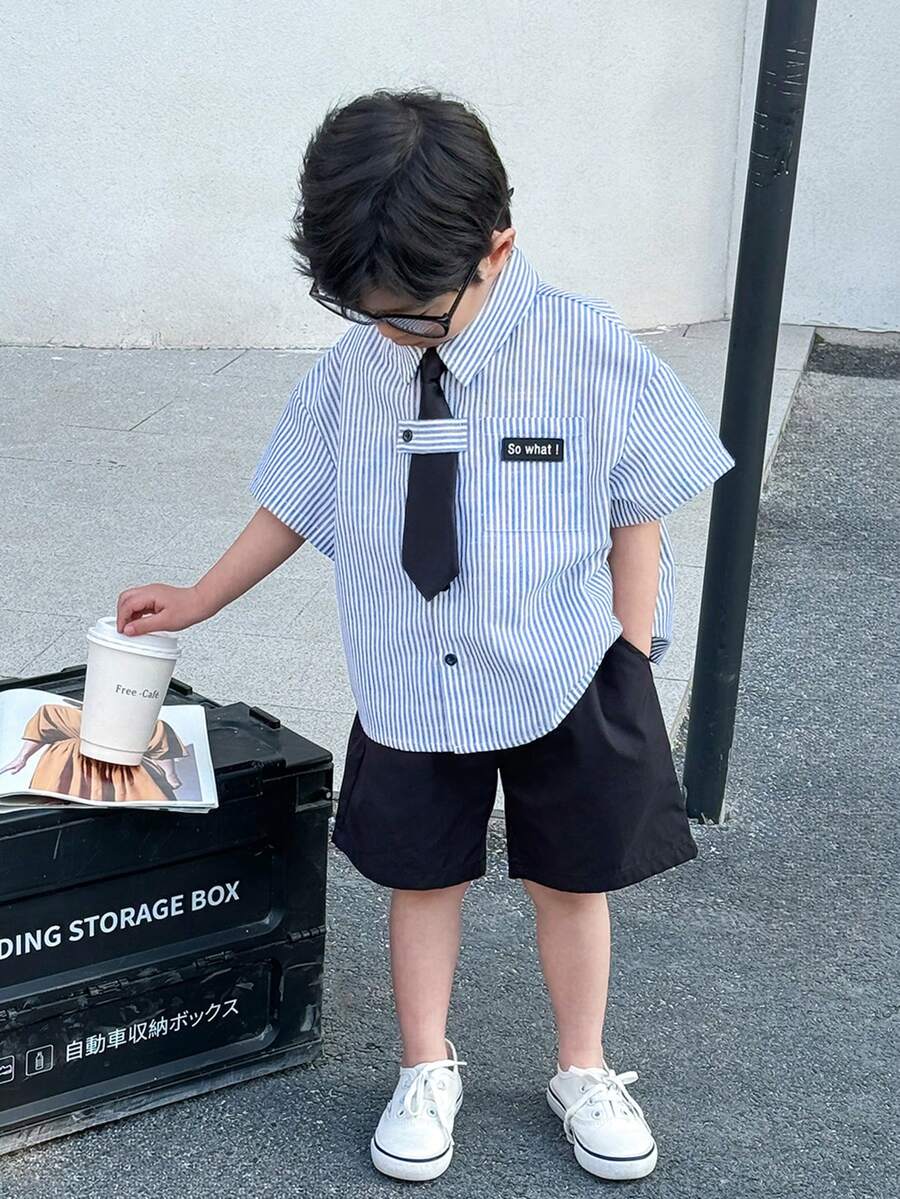 1pc Kids Young Boy Stripe Pattern Patch Pocket Short Sleeve Loose Shirt With Tie Two Pieces Set,Summer,Family Matching,Back-To-School Academy Outfits - Blue - View 1