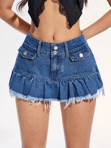 SHEIN EZwear Chân váy chữ A denim viền thô viền rách cho nữ, phong cách thường ngày ở trường học, phù hợp với mọi mùa - Rửa trung bình - Xem 4