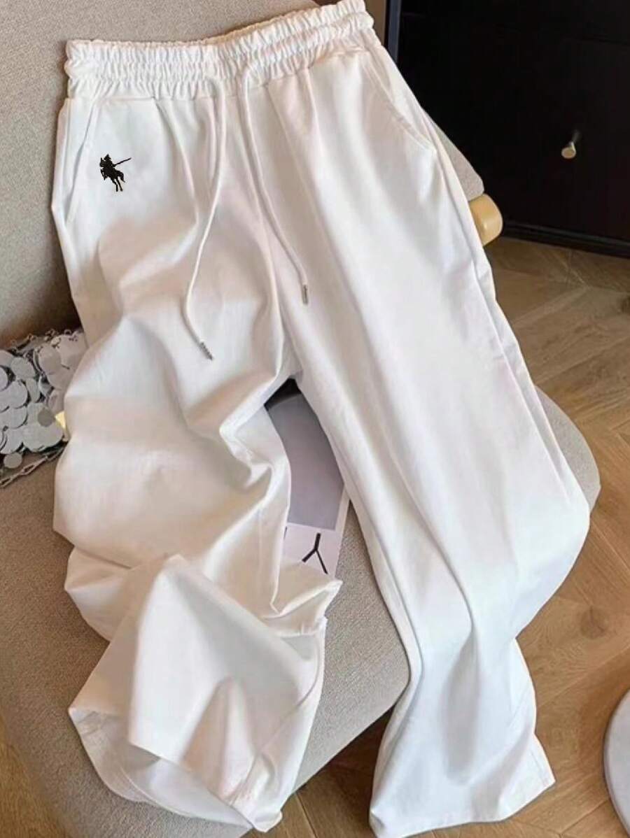 SHEIN 全新休闲小马刺绣宽松纯色直筒女裤 - 白色 - 查看 1