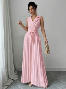 Elenzga 女士优雅杏色双排扣褶皱连体裤，春/秋 - 淺粉色 - 查看 3